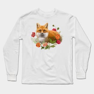 Fox Illustration laying in Flowers Long Sleeve T-Shirt